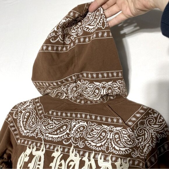 Vintage Y2K Ed Hardy Brown Cream Tiger Paisley Bandana Print Stripe Zip Hoodie M - Picture 9 of 15